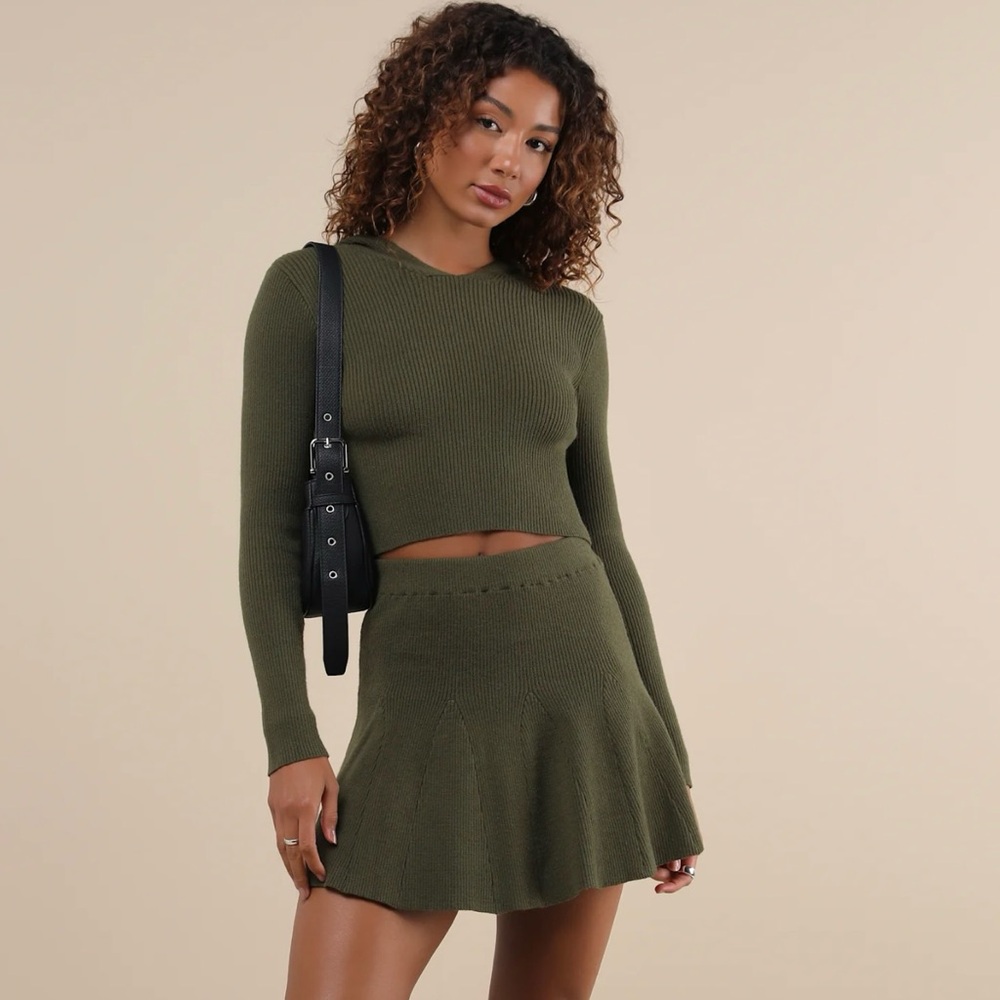 Lulus Two-Piece Ribbed Sweater Mini Dress Set – Olive | Size L